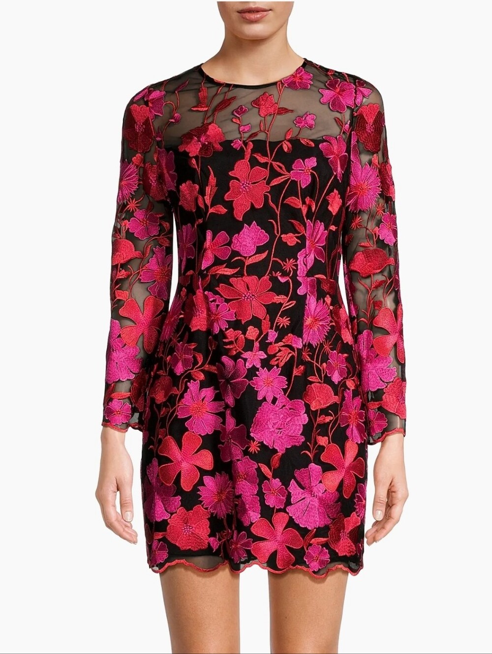 NWT Milly Scottie Floral Mesh Embroidered Pink Red Black Size 8 Scallop Hem
